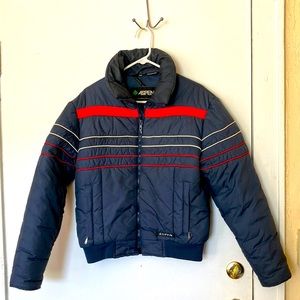 Vintage 80s puffer coat retro stripe men’s sz Med navy red cream apre ski style